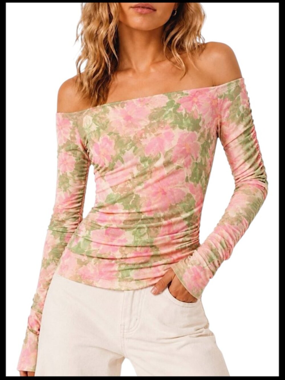 Free People Priya Blouse Pink Floral Mesh Off Shoulder Size L